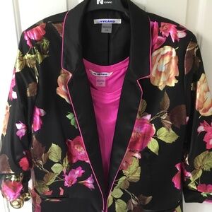 Nygard Floral Satin Blazer and Matching Tank Top, Size Large, Blk&Pink Floral